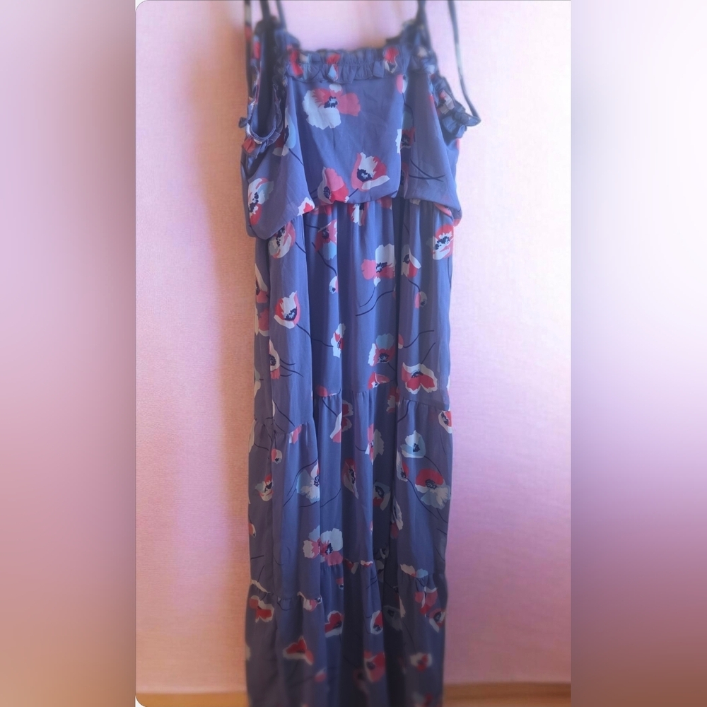 Jessica Simpson Blue Floral Maxi Dress with Red and White Accents